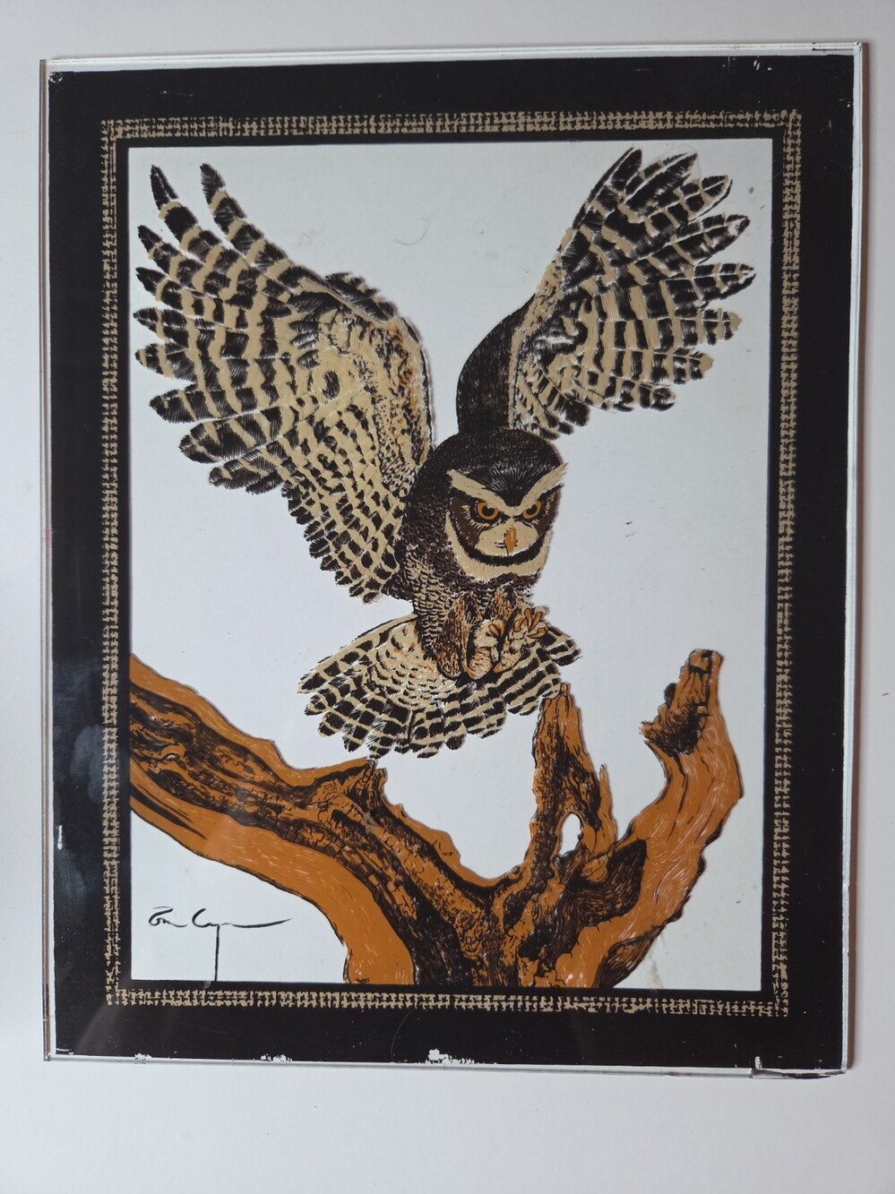 Vintage Tom Cryer Reverse Painted Glass Owl Shadow Box Art LuLu's 1970s Mid Cent